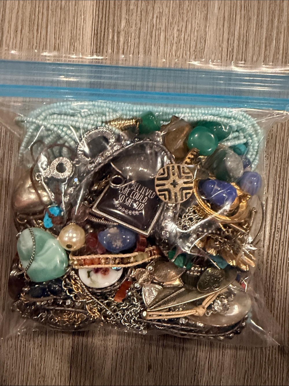 Vintage bag of jewelry in Blue, Green, Teal and Gold